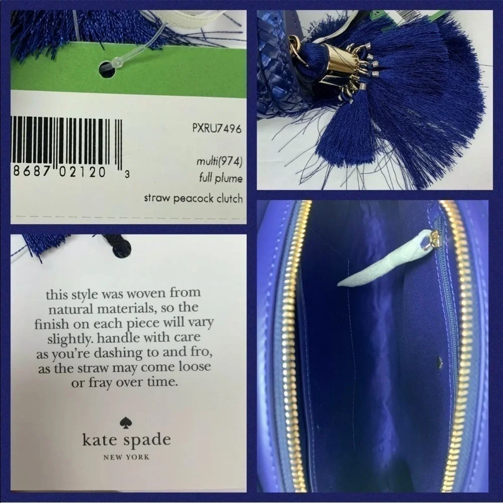 NWT Kate Spade Full Plume Embroidered Straw Peacock Clutch Peacock Wicker Bird